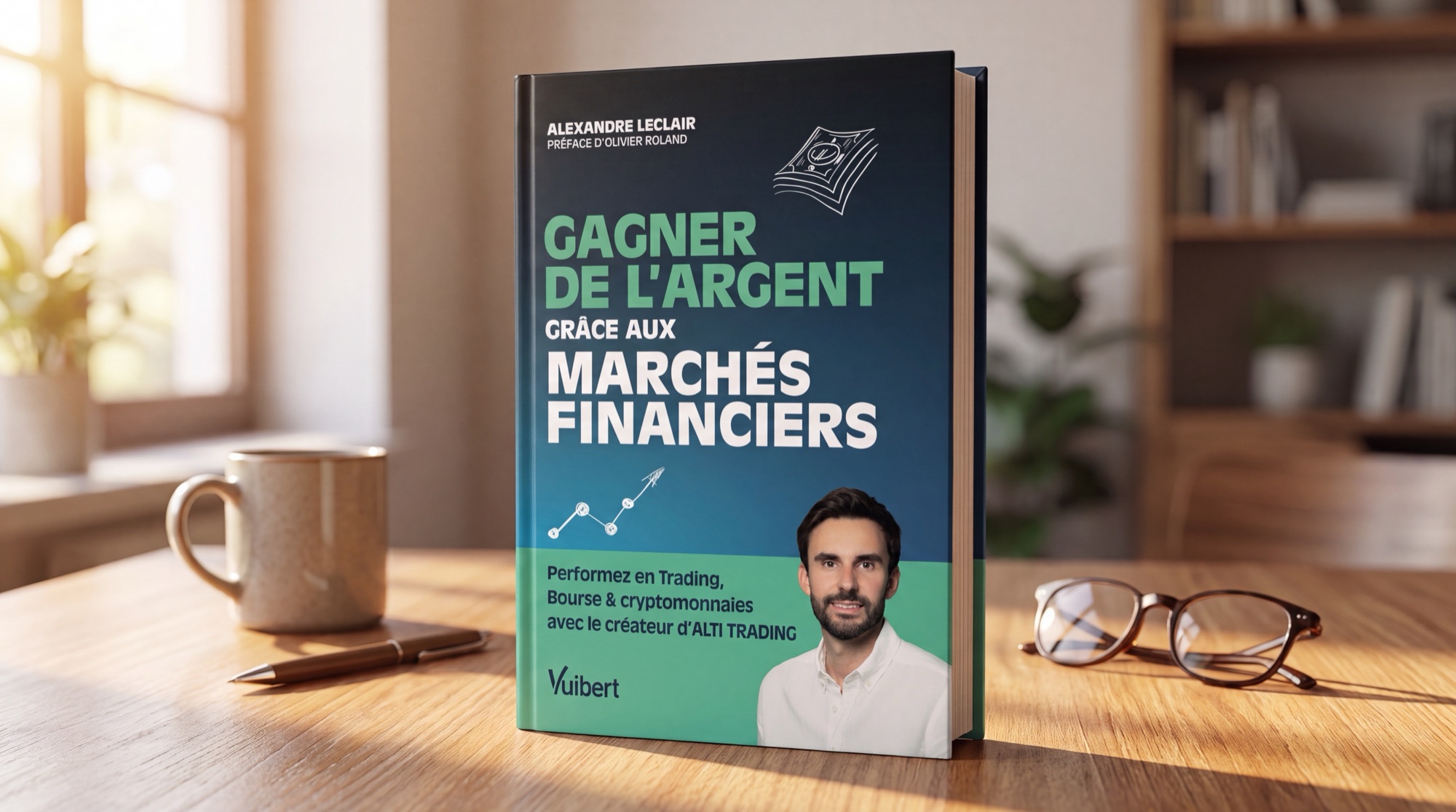 Le livre « Gagner de l'argent grâce aux marchés financiers » d'Alexandre Leclair, posé sur un bureau.
